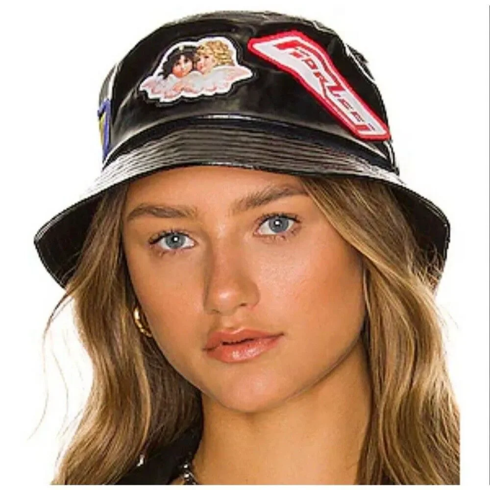 Fiorucci Black Vinyl Bucket Hat Multi Patch Angels Safety Jeans 90s Style Y2K